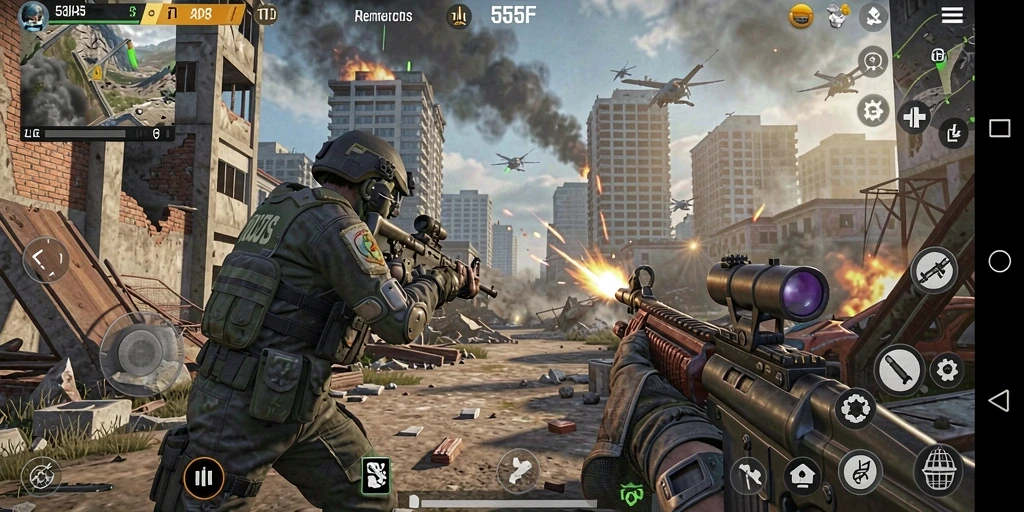 Tangkapan layar gameplay <strong>555F</strong> menunjukkan aksi pertempuran yang mendebarkan dan strategis.