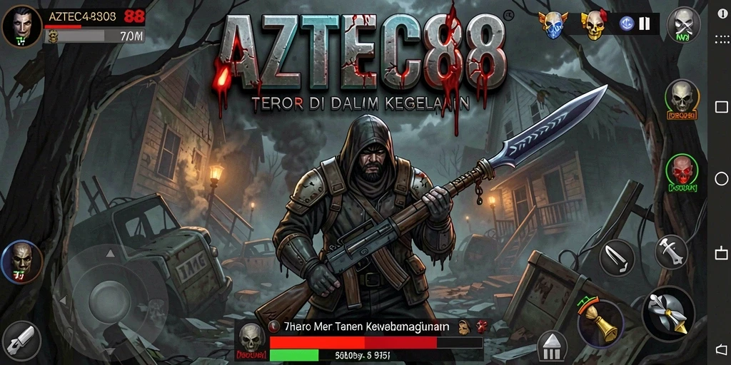 Screenshot gameplay AZTEC88 menampilkan karakter menjelajahi kuil seram.