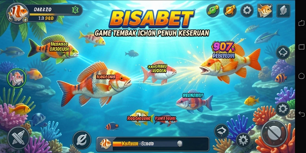 Gameplay Tembak Ikan seru dengan banyak ikan berwarna-warni.