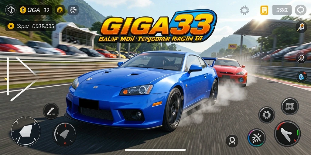 Screenshot menunjukkan aksi balap seru di GIGA33 dengan kendaraan bertenaga.