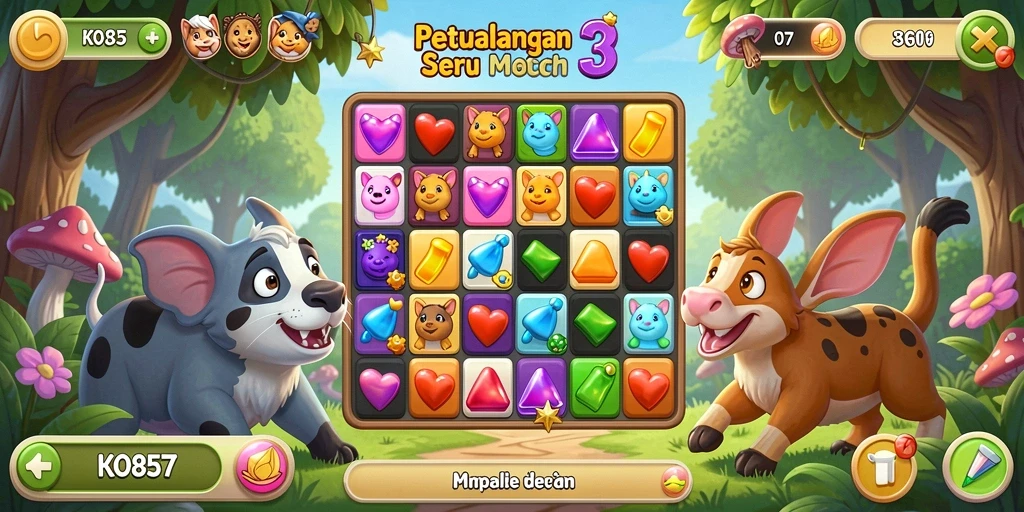 Screenshot gameplay menampilkan level Match-3 yang penuh warna dan tantangan.