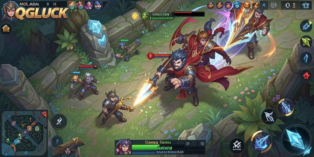 Screenshot gameplay QGLUCK yang menunjukkan pertarungan epik di arena.